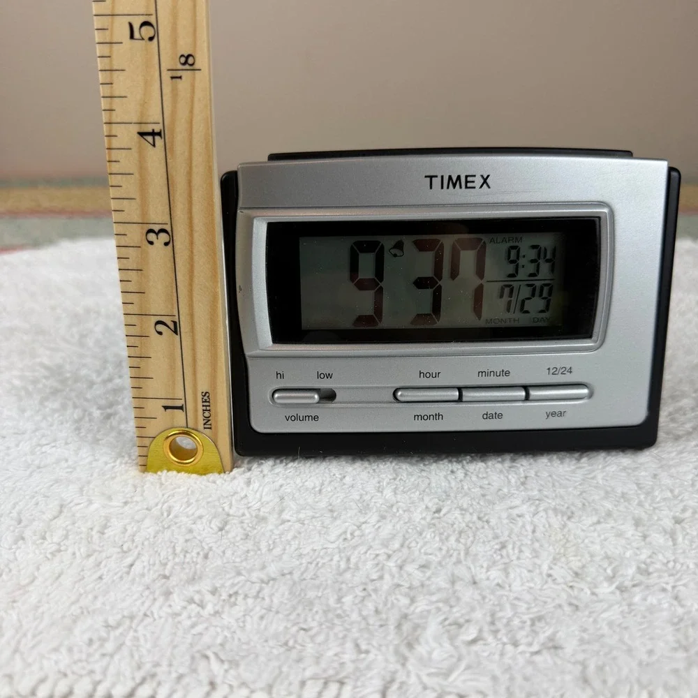 Timex Digital Alarm Clock Silver Black LCD Display Snooze Light T121B